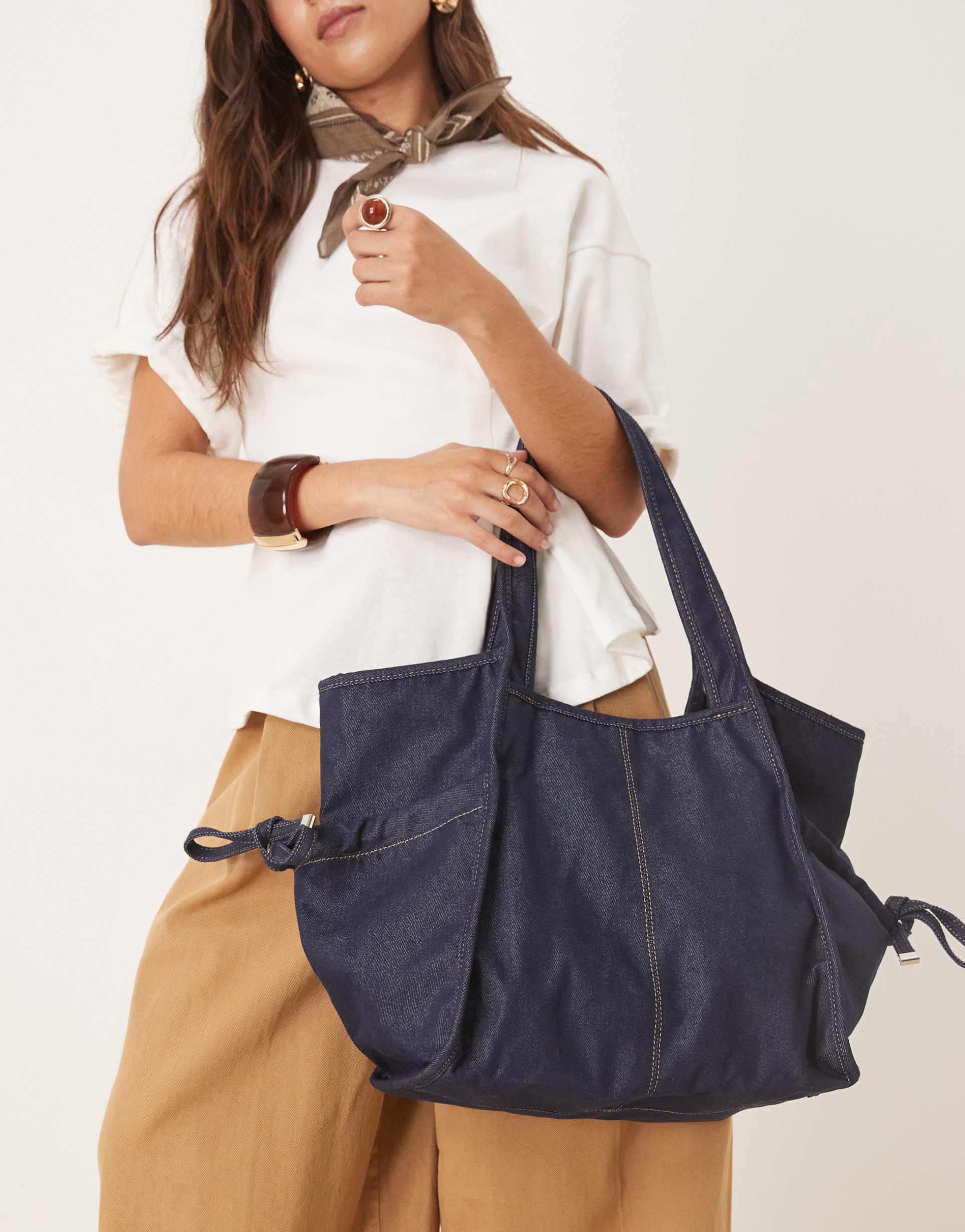 becksondergaard denima laurel tote bag with tie detail in navy denim blue