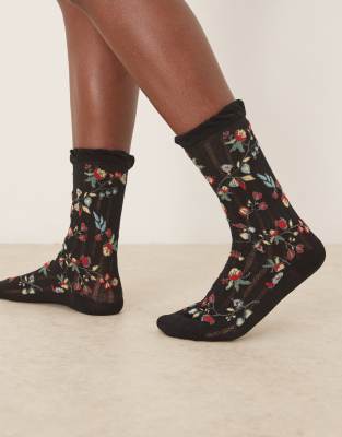 Becksöndergaard - Fairygard Cotta - Socken in Schwarz mit Blumenstickerei