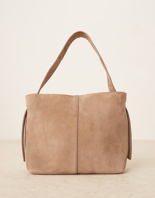 Becksondergaard – Fraya – Szarobeżowa zamszowa torebka na ramię z paskiem crossbody 