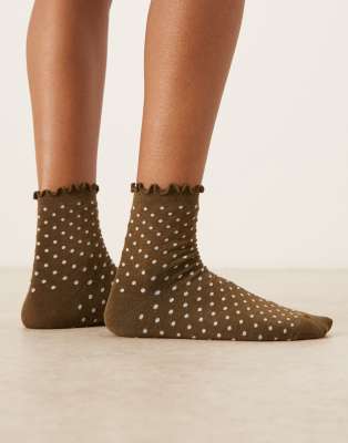 Becksöndergaard - Knöchelsocken in Olivgrün mit Polka Dots und Rüschensaum