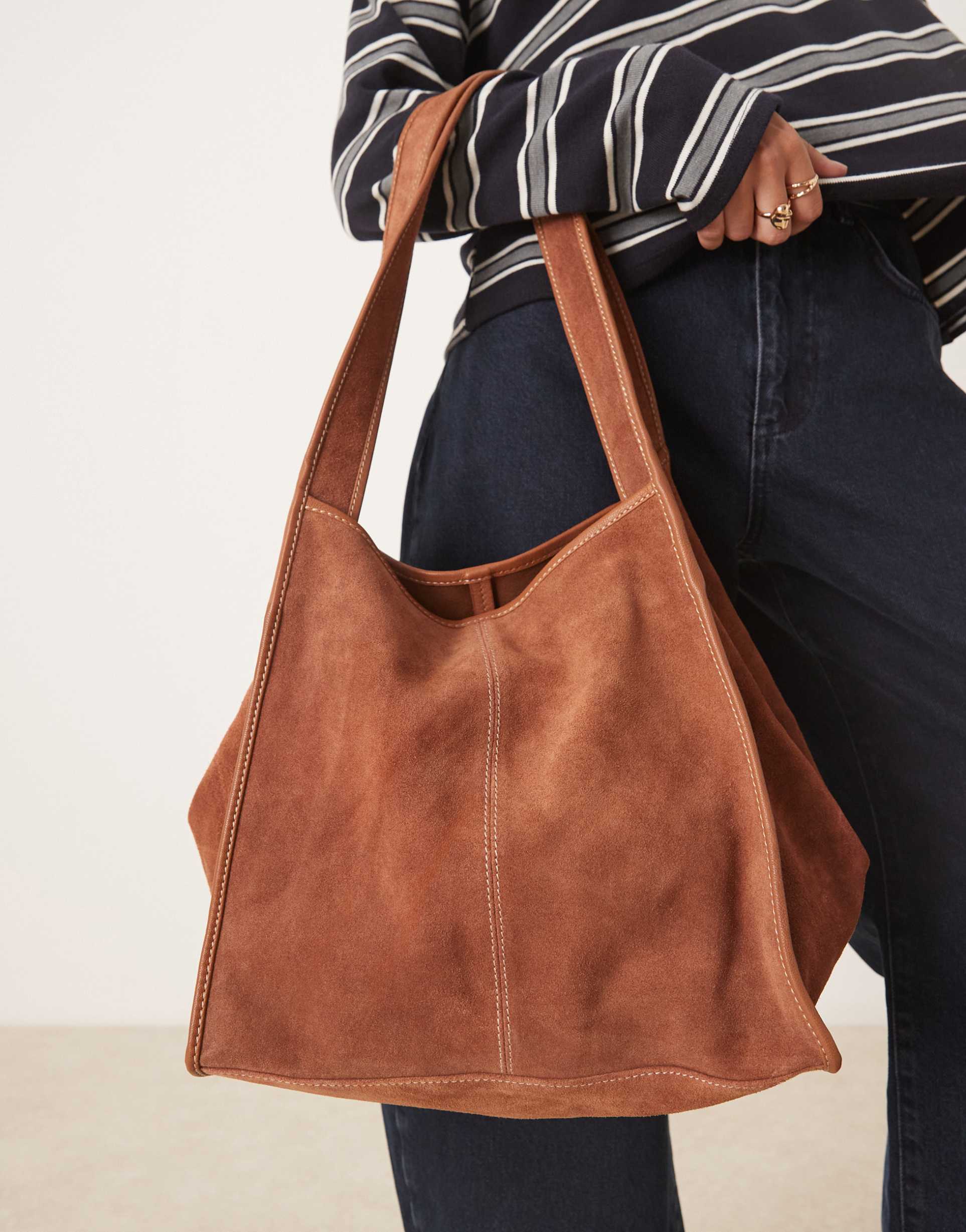 becksondergaard laurel suede tote bag with contrast stitch in brown