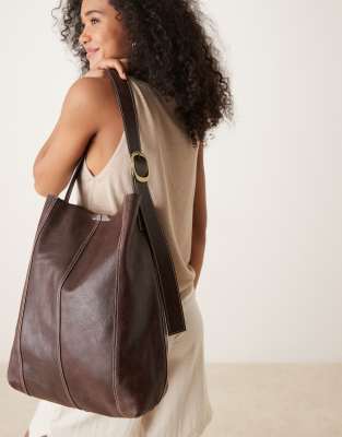 Becksondergaard Becksondergaard mae buckle detail leather shoulder tote bag in chocolate brown