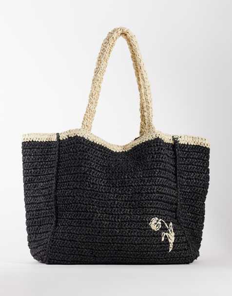 Becksondergaard premium contrast straw tote bag in black - view 1