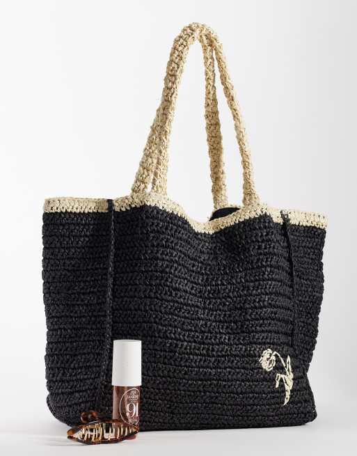 Becksondergaard premium contrast straw tote bag in black, 2 of 4