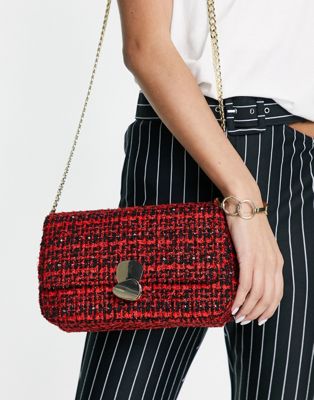 Becksöndergaard tweed check style crossbody in red and black with gold chain