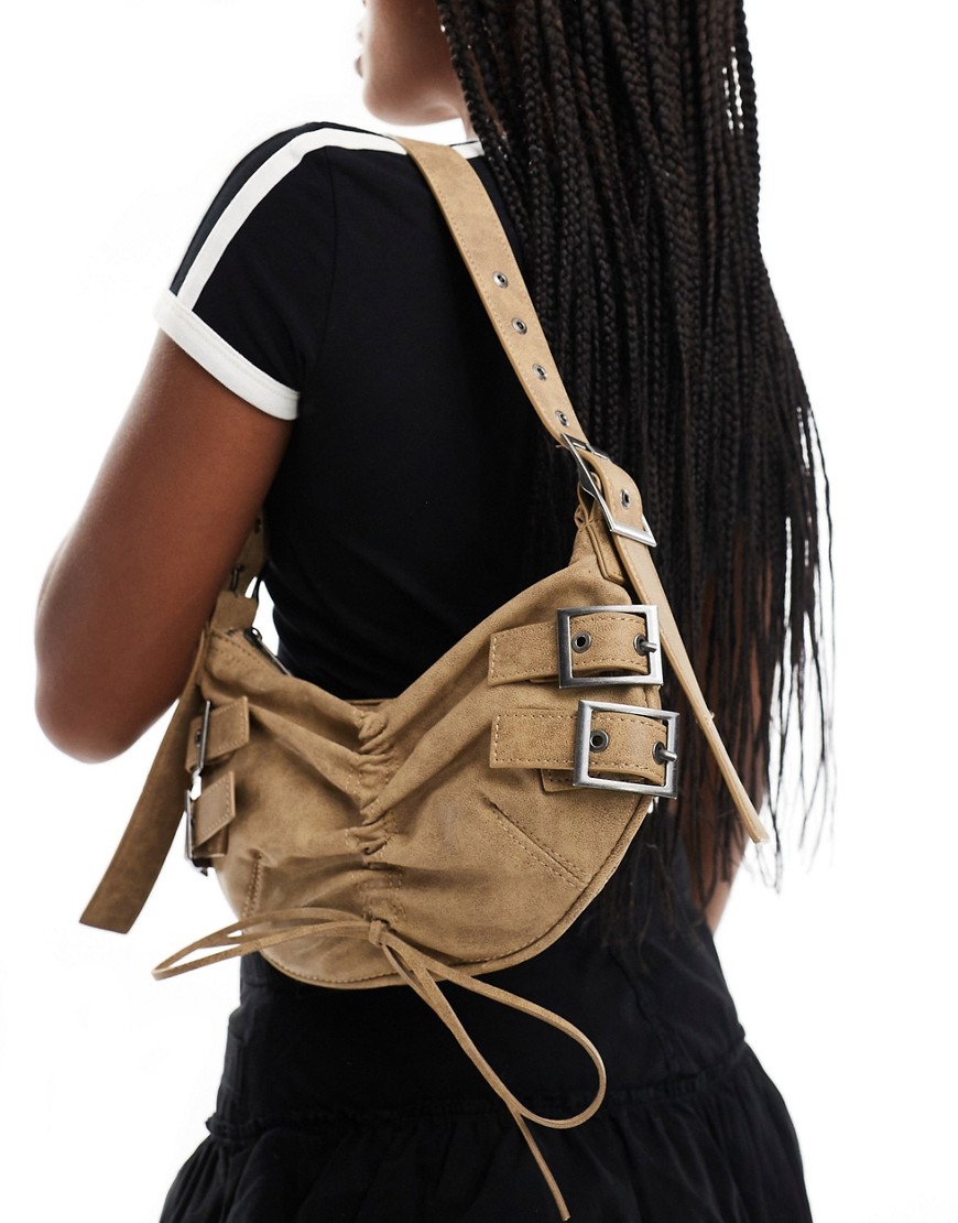 Bershka slouchy handbag with buckle detail in washed brown