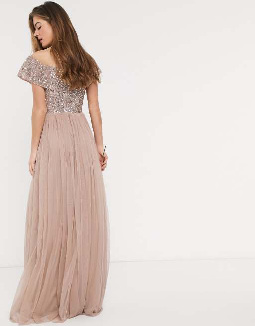 Beige, maxi bardot-brudepigekjole med tyl og pailletter fra Maya Tall, 2 af 4