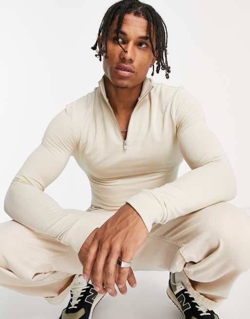 Beige tætsiddende sweatshirt med lynlås fra ASOS DESIGN