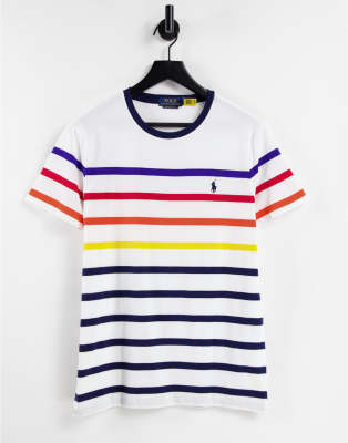 Футболки в полоску  Asos Белая футболка в разноцветную полоску с логотипом Polo Ralph Lauren-Белый