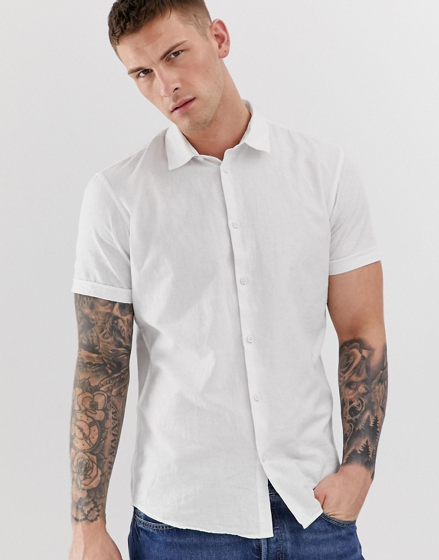 фото Белая приталенная рубашка из смешанного льна с короткими рукавами selected homme-белый