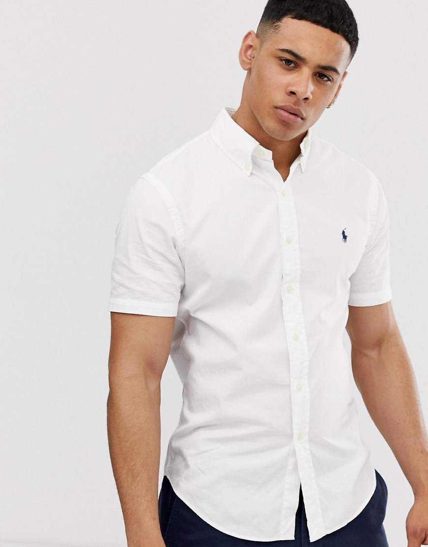 фото Белая приталенная саржевая рубашка с короткими рукавами и логотипом polo ralph lauren-белый