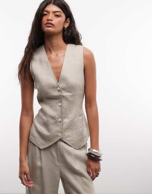 Belier – Beige set i 100% linnetyg med kostymväst och vida byxor, 3 av 3