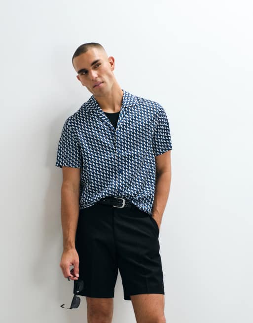 Belier - Camisa azul con cuello de solapas y estampado tipo ilusión óptica