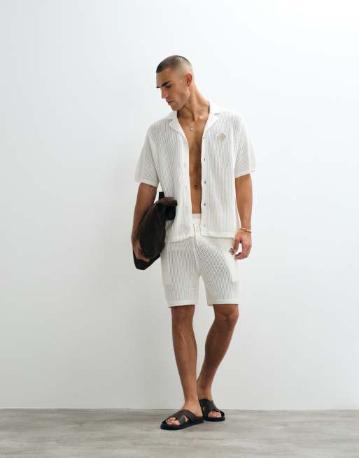 Belier - Chemise d'ensemble en maille au crochet avec col à revers et écusson logo - Blanc, 2 de 5