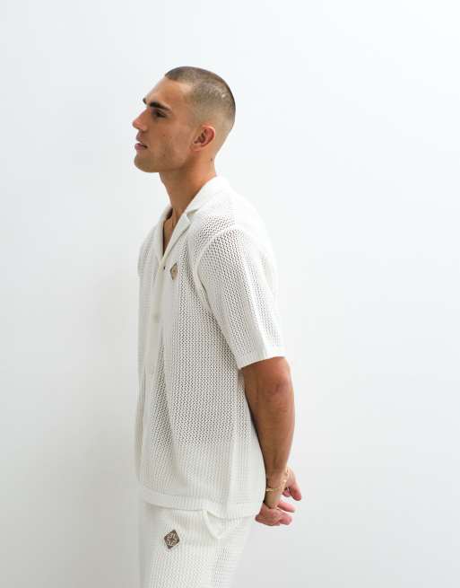 Belier - Chemise d'ensemble en maille au crochet avec col à revers et écusson logo - Blanc, 5 de 5
