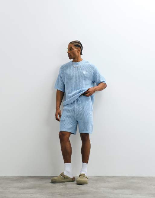 Belier crochet knit logo patch t-shirt in sky blue (part of a set), 3 of 5