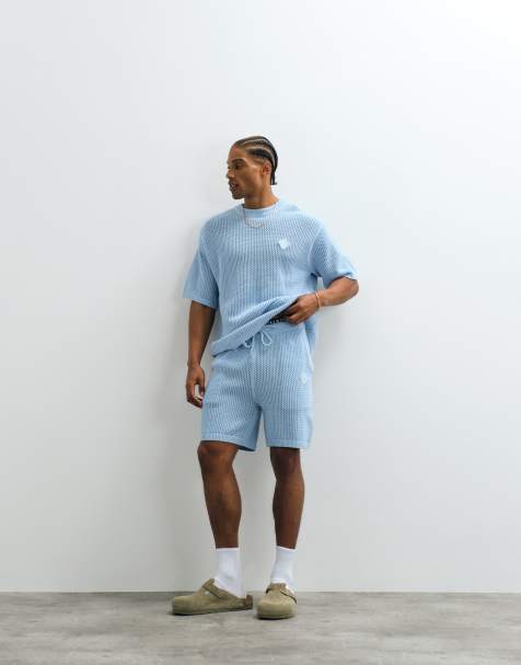 Belier crochet knit logo patch t-shirt & shorts co-ord in sky blue - view 1