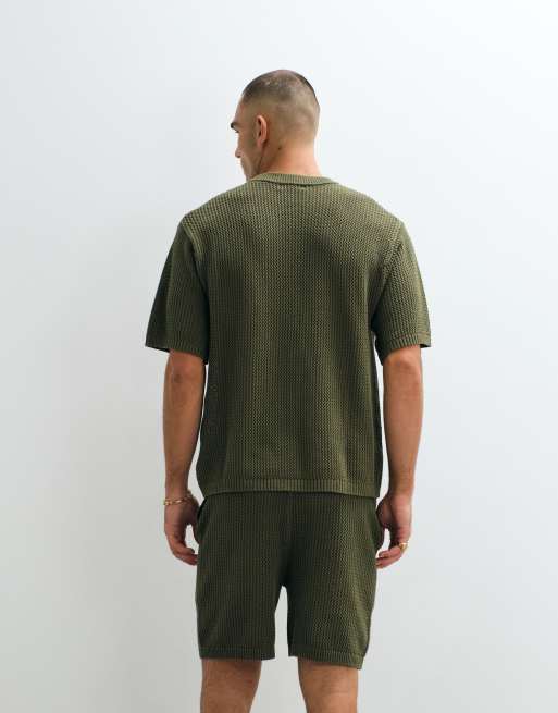 Belier crochet knit shorts co-ord in olive, 5 of 5