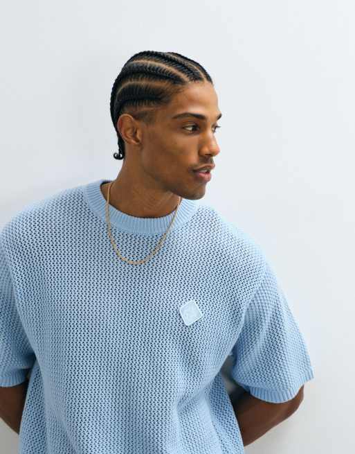 Belier - Co-ord set van gehaakt gebreid T-shirt met logopatch en short in lichtblauw, 3 van 3