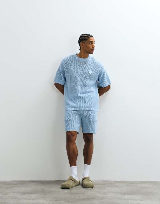 Belier - Gehaakte gebreide short met logopatch in lichtblauw, deel van co-ord set, 2 van 5