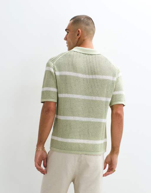 Belier - Gestreept gehaakt gebreid poloshirt in saliegroen en wit, 3 van 5