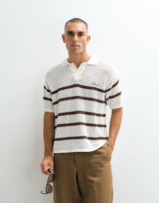 Belier Knit Crochet Stripe Polo Shirt In White