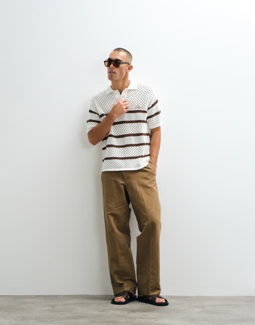 Belier knit crochet stripe polo shirt in ecru & mocha, 2 of 5