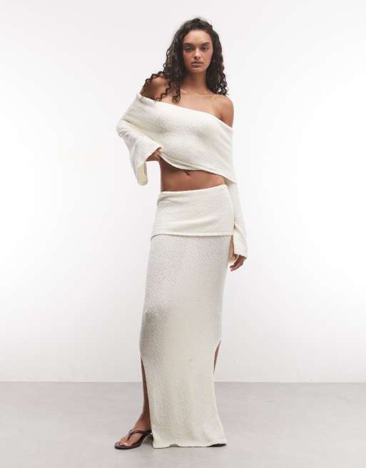 Belier knitted off shoulder bardot top co-ord in off white, 3 of 4