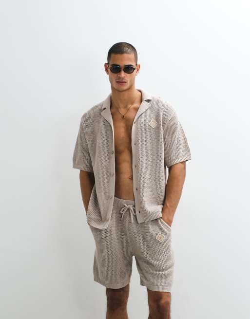 Belier leon crochet knit shorts co-ord in taupe, 3 of 5