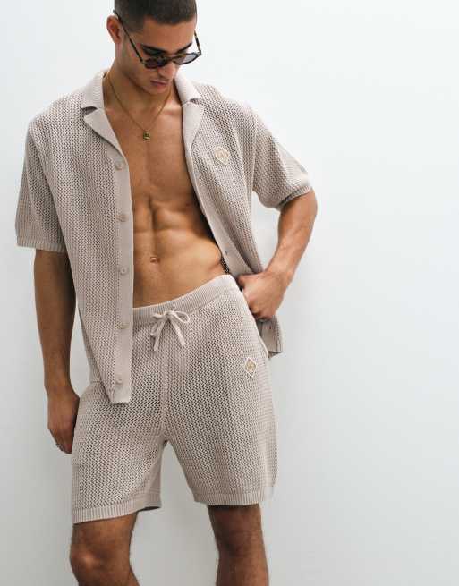 Belier leon crochet knit shorts co-ord in taupe, 5 of 5