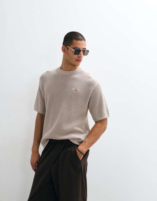 Belier leon crochet knit t-shirt in taupe, 2 of 9