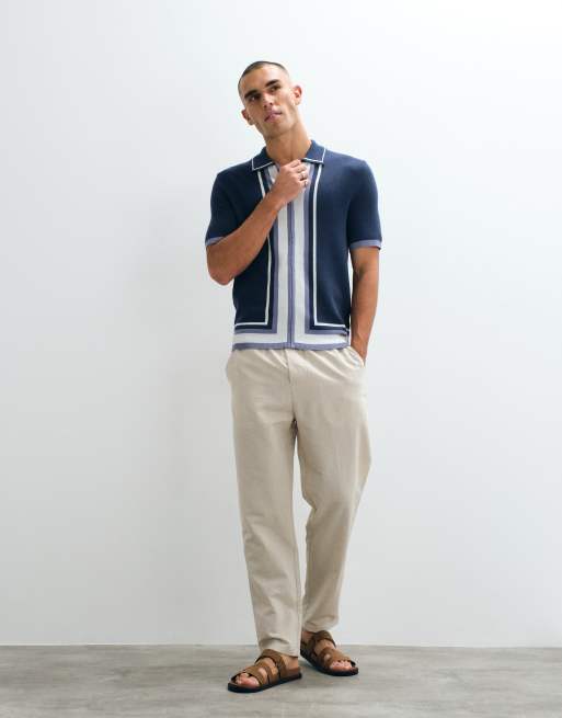 Belier panelled zip through knitted polo in navy, 3 of 5