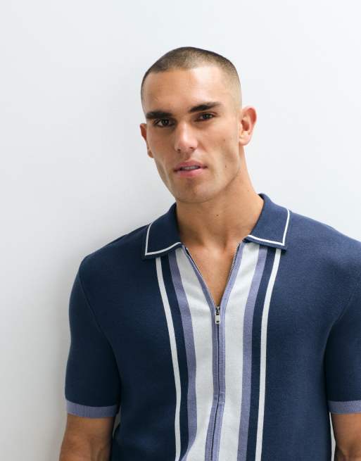Belier panelled zip up knit polo in navy, 5 of 5