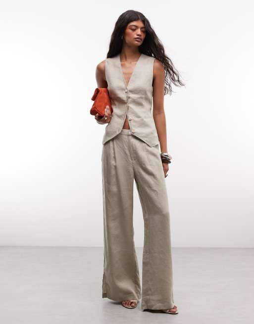 Belier - Coordinato color avena 100% lino con gilet e pantaloni con fondo ampio, 2 di 3