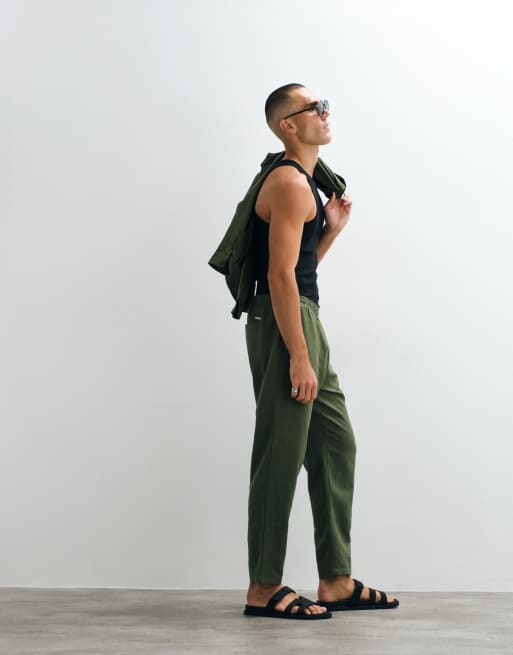 Bélier - Pantaloni dritti facili da indossare in misto lino verde oliva in coordinato, 3 di 5