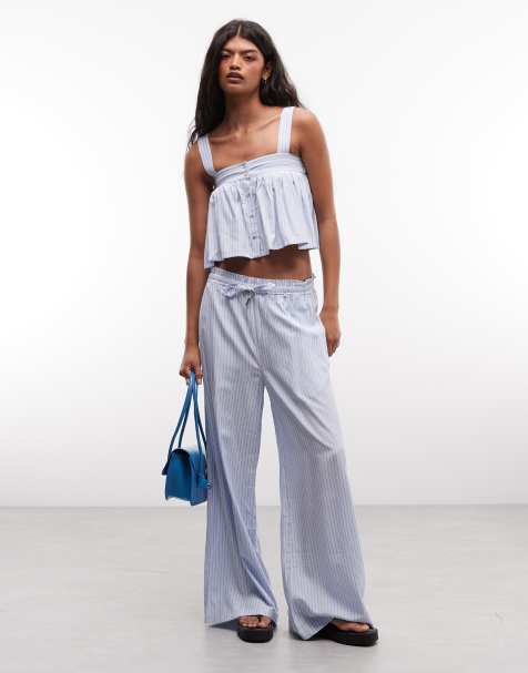 Belier paperbag waist wide leg stripe trousers co-ord in blue & white - view 1