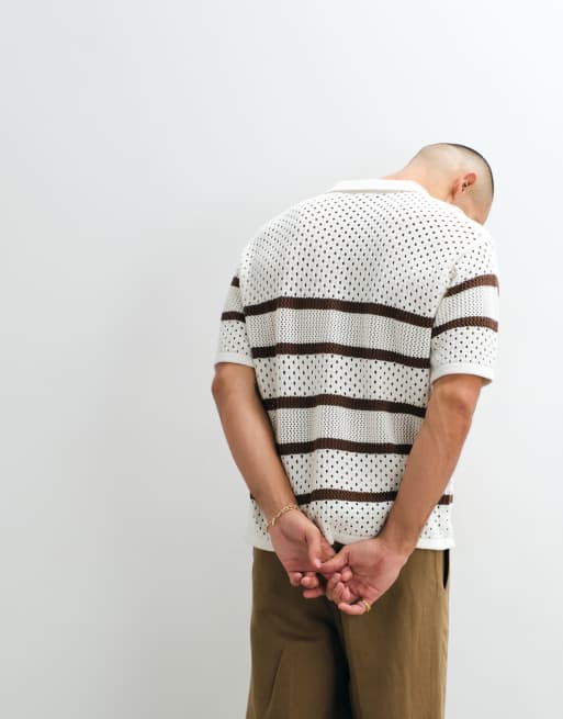 Belier – Polohemd aus Häkelstrick in Ecru und Mokka gestreift, 5 von 5