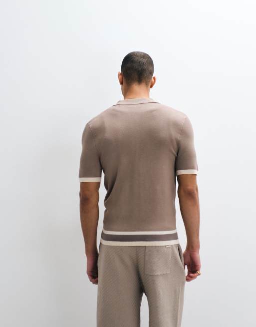 Belier – Poloshirt aus Strick in Taupe mit Bahnendesign und Reißverschluss, 3 von 5