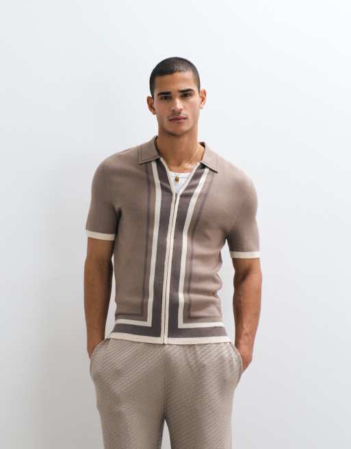 Belier – Poloshirt aus Strick in Taupe mit Bahnendesign und Reißverschluss, 5 von 5