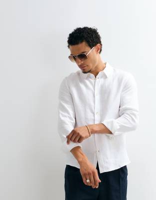 Belier Premium 100% Linen Long Sleeve Shirt In White