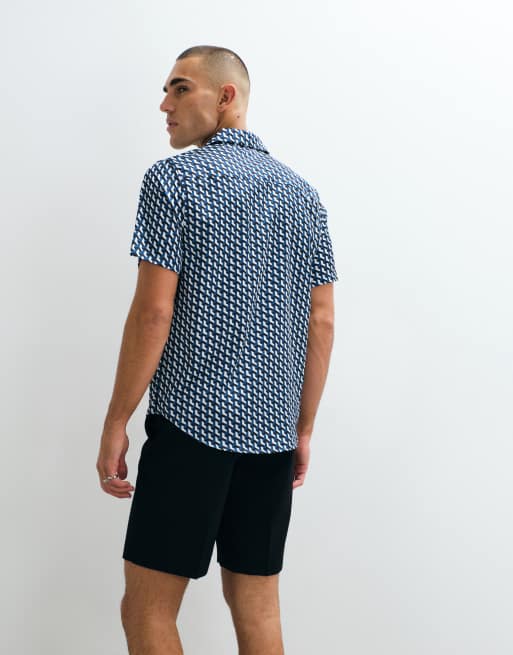 Belier revere collar illusion print shirt in blue, 4 of 5