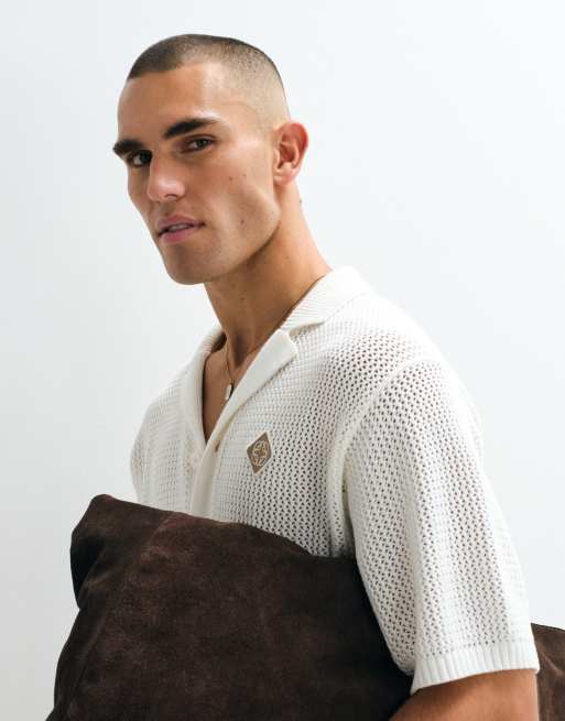 Belier revere collar logo patch crochet shirt co-ord in white, 3 of 5
