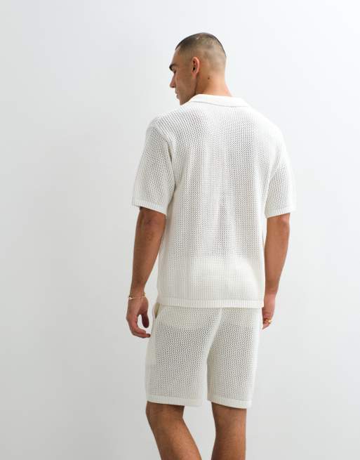 Belier revere collar logo patch crochet shirt co-ord in white, 4 of 5