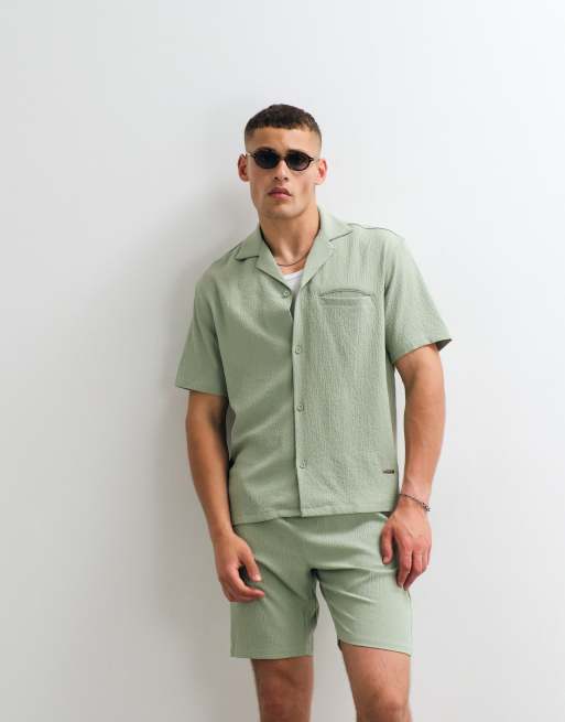 Belier short sleeve textured seersucker shirt co-ord in sage, 2 of 5