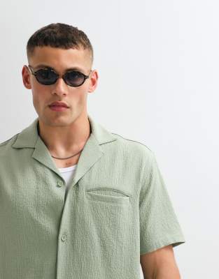 Belier Short Sleeve Textured Seersucker Shirt In Green