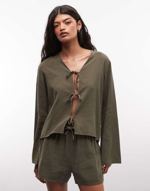 Belier soft touch drawstring waist shorts co-ord in olive, 2 of 5