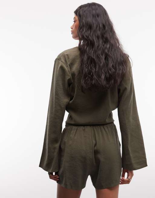 Belier soft touch drawstring waist shorts co-ord in olive, 5 of 5