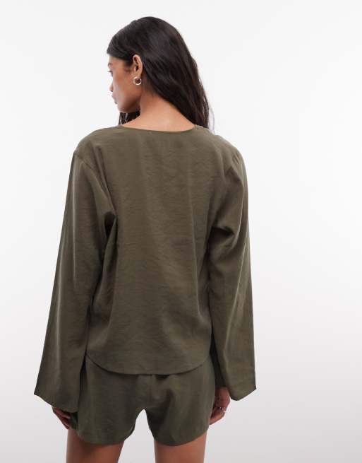 Belier soft touch tie front long sleeve shirt co-ord in olive, 4 of 4