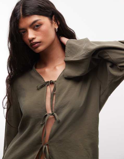 Belier soft touch tie front long sleeve shirt in olive - part of a set - view 1