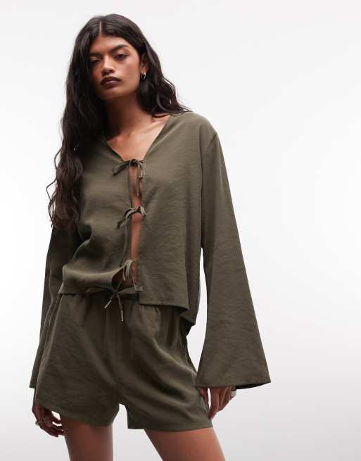 Belier soft touch tie front long sleeve shirt in olive - part of a set, 2 of 4